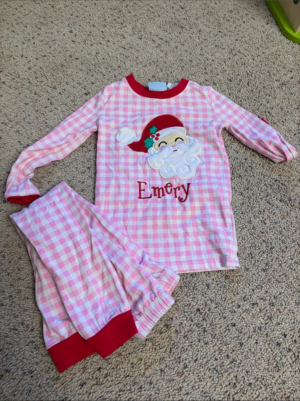 Personalized Pink Gingham Kids Christmas Pajama Set with Santa